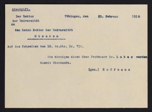 Rektor Universität Tübingen an Rektor Universität München 25.2.1938