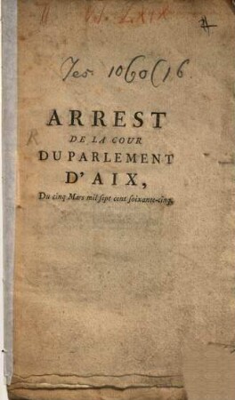Arrest de la cour du Parlement d'Aix : la 5. Mars 1765