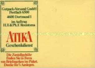 Werbezettel (Atika Geschenkdienst) für "Atika"-Zigaretten