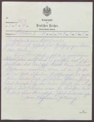 Telegramm von Theobald von Bethmann-Hollweg an die Großherzogin Luise; Hoffen auf den Sieg