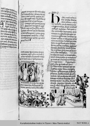 Breviarium Fratrum Minorum cum psalterio et kalendario : Zweispaltige Textseite mit Bordüre als unterer Abschluss, historisierter Initiale C (?): Enthauptung Johannes des Täufers und Miniatur: Präsentation des Hauptes vor Herodes