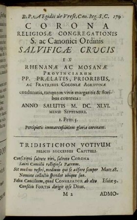 Corona Religiosæ Congregationis S. ac Canonici Ordinis Salvificæ Crucis [...]
