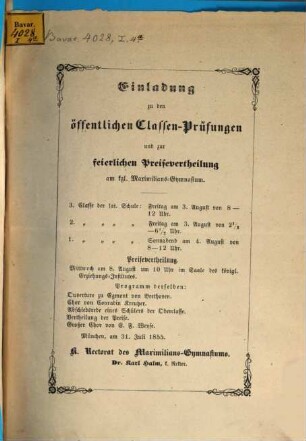 Einladung zu den öffentlichen Classen-Prüfungen und zur feierlichen Preisevertheilung am kgl. Maximilians-Gymnasium