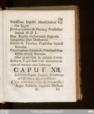 Caput XII. Syllabum Regum Poloniae, Senatorum ac Officialium Regni exhibens.