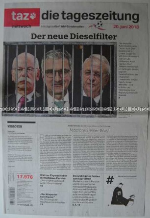 Tageszeitung "taz. die tageszeitung" mit Titel zum Diesel-Skandal