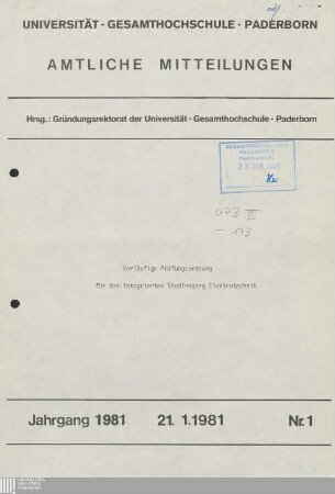 Vorläufige Prüfungsordnung für den integrierten Studiengang Elektrotechnik : 21.1.1981