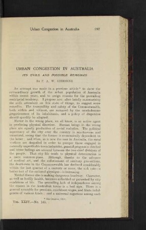 Urban Congestion in Australia. Its Evild and Possible Remedies.