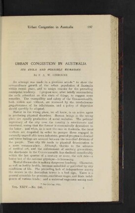Urban Congestion in Australia. Its Evild and Possible Remedies.
