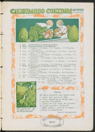 Calendario Colibrí - Noviembre, 1ª Quincena