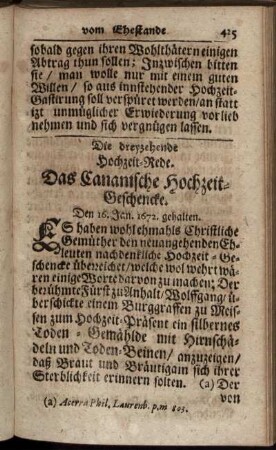 Die dreyzehende Hochzeit-Rede. Das Cananische Hochzeit-Geschencke