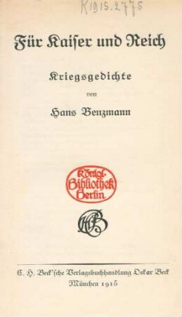 Für Kaiser und Reich : Kriegsgedichte
