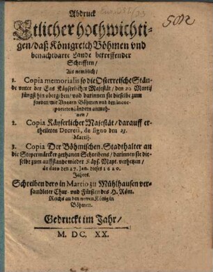 Abdruck etlicher hochwichtigen, das Königreich Böhmen und benachbarte Länder betreffender Schriften