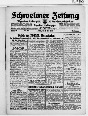 Schwelmer Zeitung : allgemeiner Kreisanzeiger für den Ennepe-Ruhr-Kreis : Schwelmer Stadtanzeiger