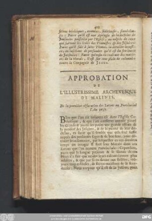 Approbation De L'Illustrissime Archevesque De Malines, De la premiére réfutation des Lettres au Provincial l'An 1657.