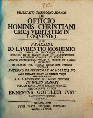 Dissertatio Theologico-Moralis De Officio Hominis Christiani Circa Veritatem In Loqvendo