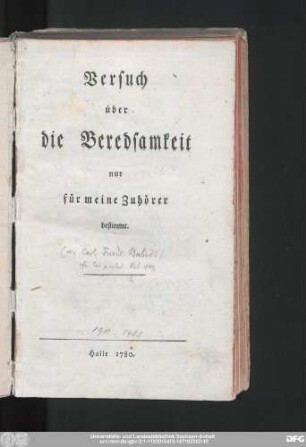 Versuch über die Beredsamkeit : nur für meine Zuhörer bestimmt