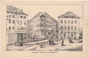 Maiaufstand 1849 in Dresden, Barrikaden und Zerstörungen an der Scheffelgasse von der Wallstraße aus
