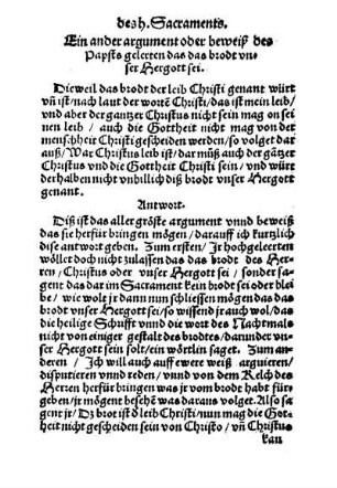 Ein ander argument oder beweiß des Papsts gelerten das das brodt unser Hergott sei.