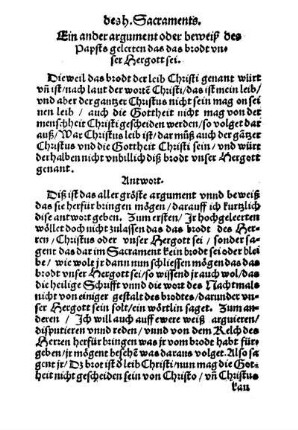 Ein ander argument oder beweiß des Papsts gelerten das das brodt unser Hergott sei.