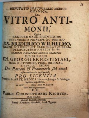 Disputatio inauguralis medico-chymica, de vitro antimonii