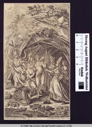 Eine Gruppe mythologischer Figuren in einem Höhleneingang