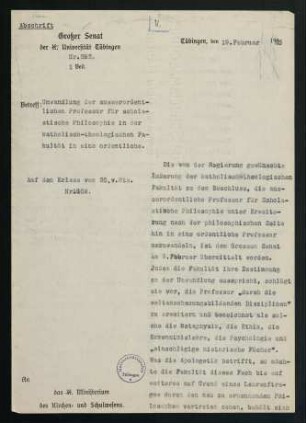 Umwandlung der ausserordentlichen Professur für scholastische Philosophie in der katholisch-theologischen Fakultät in eine ordentliche (1925)