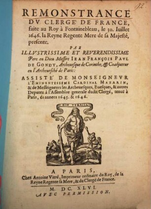 Remonstrance du Clergé de France faite au Roy a Fontainebleau : le 30. Juillet 1646 ...