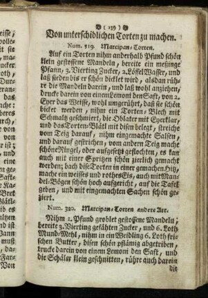 Num. 320. Marcipan-Torten andere Art. - Num. 365. Thraganth-Eis zu machen.