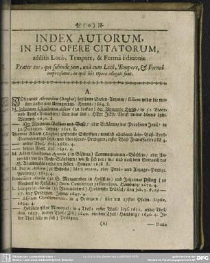 Index Autorum, In Hoc Opere Citatorum, additis Loco, Tempore, & Forma Editionis