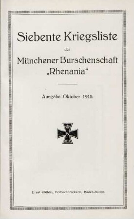 7.1915: Kriegsliste der Münchener Burschenschaft Rhenania