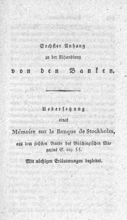 Sechster Anhang zu der Abhandlung von den Banken.