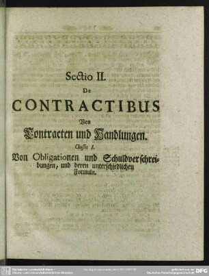 Sectio II. De Contractibus, Von Contracten und Handlungen