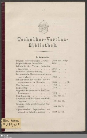 [2]: Nachtrag zum Verzeichniss der Bibliothek des Techniker-Vereins