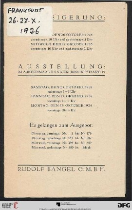 Versteigerung: Dienstag, den 26. Oktober 1926, Mittwoch, den 27. Oktober 1926
