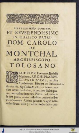 Illustrissimo Domino, Et Reverendissimo In Christo Patri Dom. Carolo De Montchal, Archiepiscopo Tolosano.