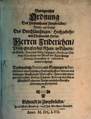 Untergerichts-Ordnung des Fürstenthums Zweybrücken