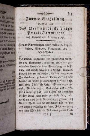 Zweyte Abtheilung. Enthaltend Das Merkwürdigste einiger Privat-Sammlungen nach Alphabetischer Ordnung gesetzt.