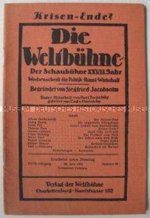 Kulturpolitische Wochenzeitschrift "Die Weltbühne" u.a. über das Hoover-Moratorium