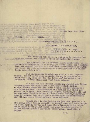 Brief Trierischen Winzerverein an Notar Petzold, Plauen (1926)