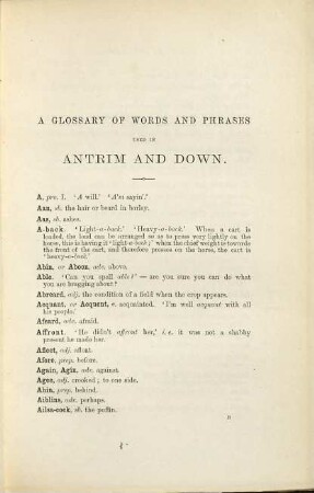 A Glossary of Words in use in the Counties of Antrim and Down by William Hugh Patterson