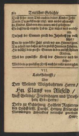 VII. Lob-Schrifft/ Uber Den Weiland Wolgebohrnen Herrn/ Hn. Claus von Alefeld ...
