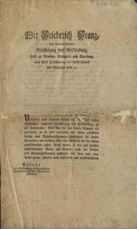 Gesetze der Brandversicherungs-Gesellschaft für die Großherzoglich Mecklenburg-Schwerinschen Domainen ; Wir Friederich Franz, von Gottes Gnaden Großherzog zu Mecklenburg ... Urkunden und bekennen ...