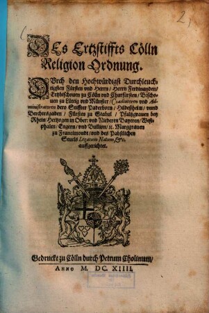 Des Ertzstiffts Cölln Religion Ordnung