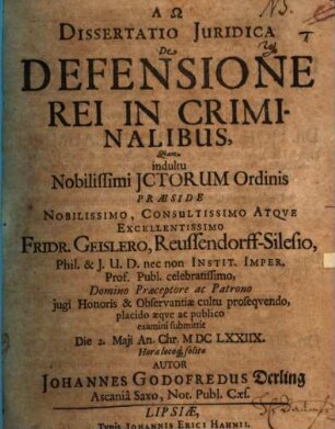 Dissertatio juridica de defensione rei in criminalibus