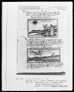 Jacobus Mennel, De signis portentis atque prodigiis — Textseite mit zwei Miniaturen, Folio 15verso