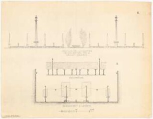Umgestaltung der Straße Unter den Linden, Berlin: Abschluss des Lustgartens, Baumhecke, Querschnitt der Linden, Schnitt 1:200