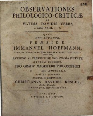 Observationes philologico-criticae ad ultima Davidis verba 2 Sam. XXIII, 1 - 7