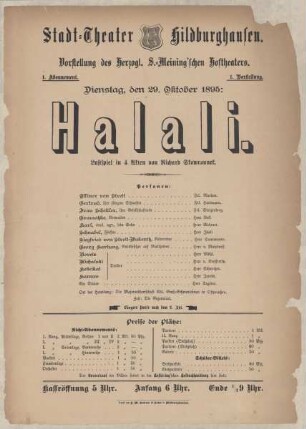 Theaterzettel zur Aufführung des Lustspiels "Halali. von Richard Skowronek" in der Spielzeit 1895/96 des Herzoglichen S.-Meining´schen Hoftheaters im Stadttheater Hildburghausen.