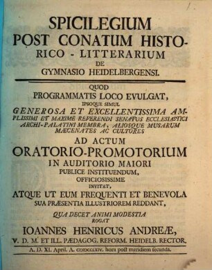 Spicilegium Post Conatum Historico-Litterarium De Gymnasio Heidelbergensi. [1]