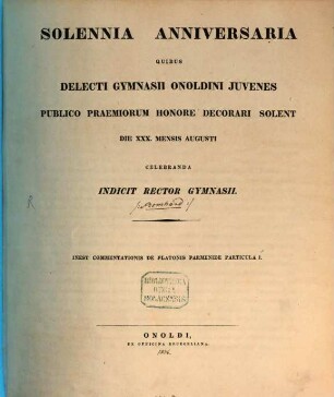 Solennia anniversaria quibus praemia distribui solent selectis Gymnasii Onoldini discipulis ... celebranda indicit, 1835